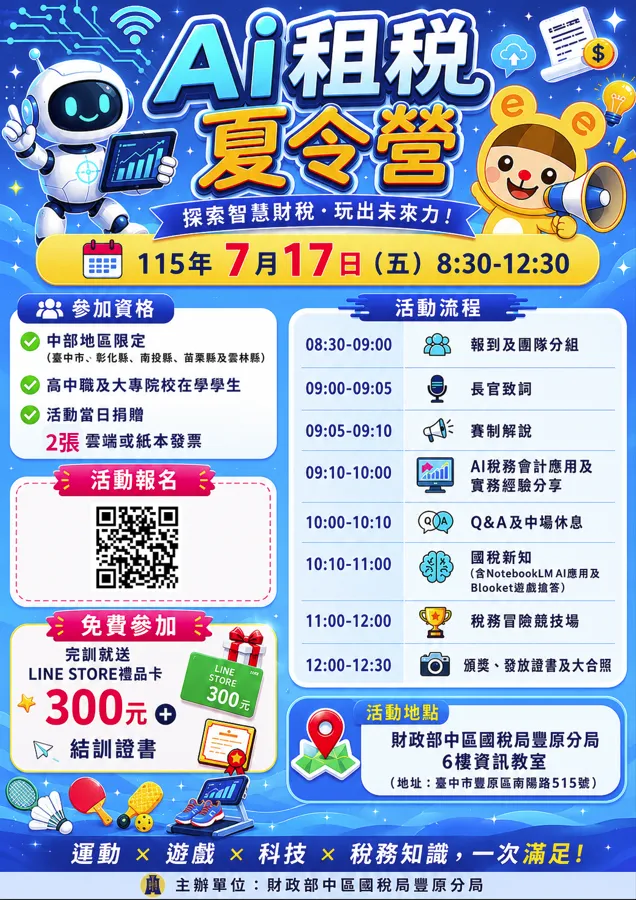 AI租稅夏令營活動海報。活動於115年7月17日上午8時30分至12時30分舉行，參加對象為中部地區高中職及大專院校在學學生，報到時需捐贈2張雲端或紙本發票。活動內容包含AI稅務會計應用分享、國稅新知、租稅闖關競賽及頒獎。全程免費參加，完成活動可獲LINE STORE禮品卡300元及結訓證書，地點為財政部中區國稅局豐原分局6樓資訊教室。